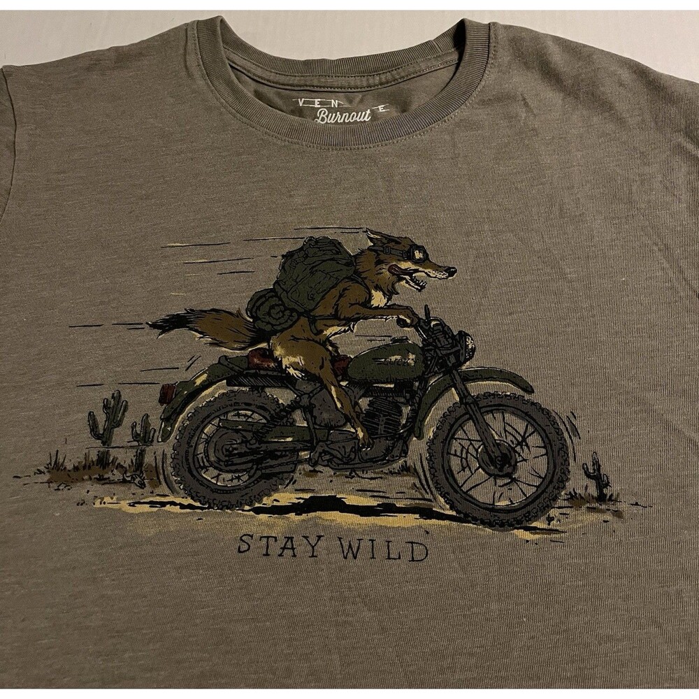 NEW Lucky Brand Venice Burnout Fox Motorcycle Stay Wild T-Shirt MEDIUM Beige